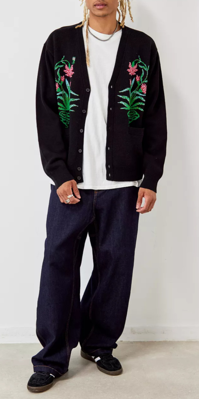 Obey black poppy floral intarsia button front cardigan sweater Size L Retro